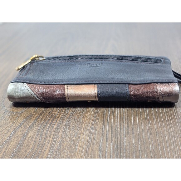 VTG Fossil Leather Wallet Black Gold Patchwork Studded Bi-fold Zip Snap Boho Y2K - Picture 7 of 14